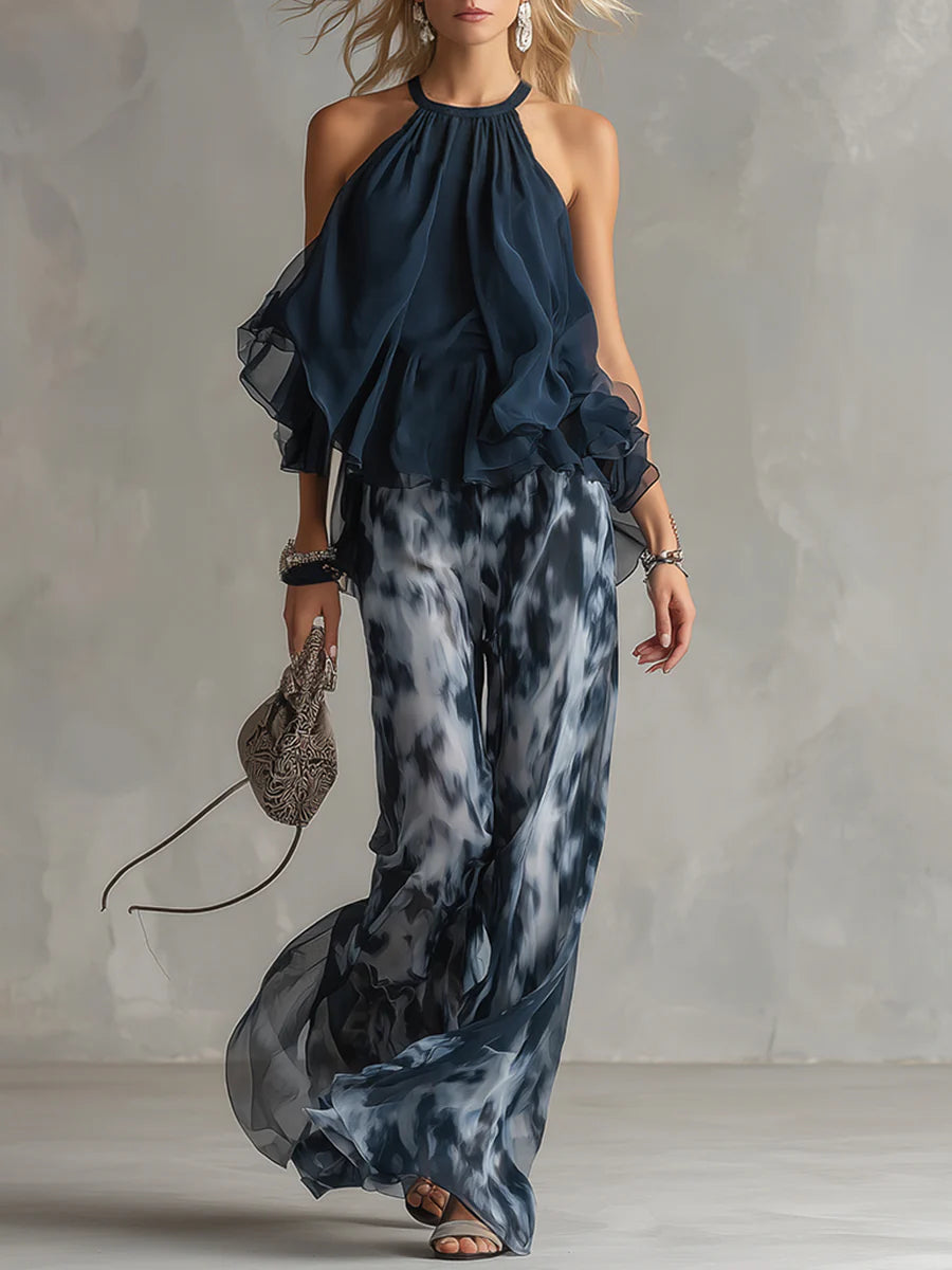 Ensemble en mousseline avec haut dos-nu bleu marine et pantalon imprimé à jambes larges