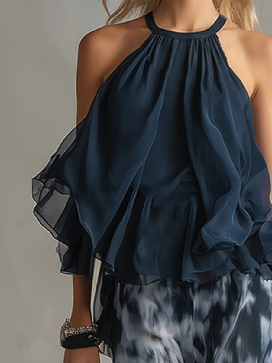 Ensemble en mousseline avec haut dos-nu bleu marine et pantalon imprimé à jambes larges