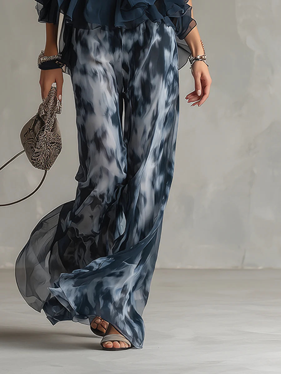 Ensemble en mousseline avec haut dos-nu bleu marine et pantalon imprimé à jambes larges