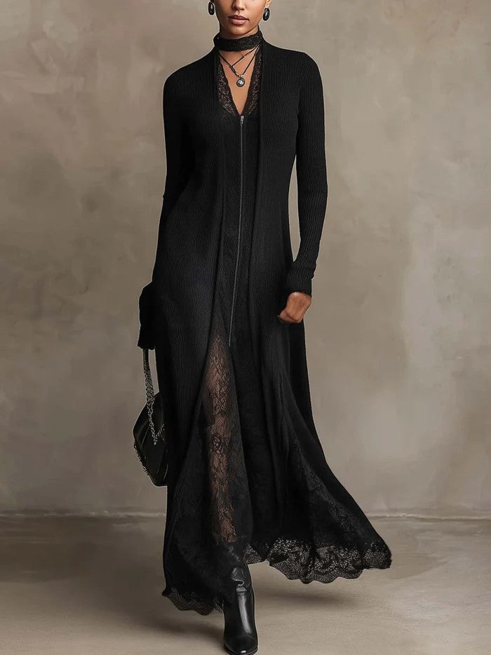 Solenne | Robe Maxi en Maille Côtelée à Dentelle, Noire