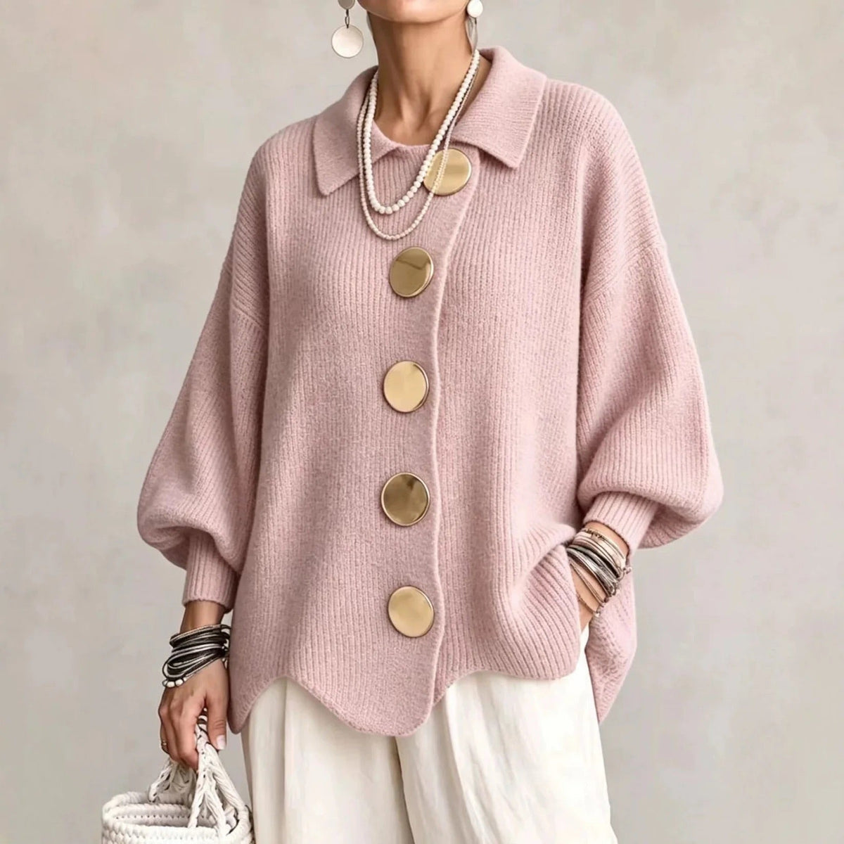 Karina | Cardigan Oversize à Col et Boutons – Rose
