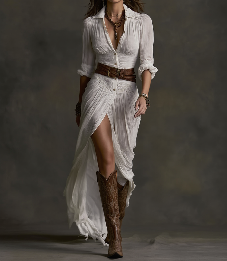 Aurore | Robe Longue en Lin avec Col Inversé