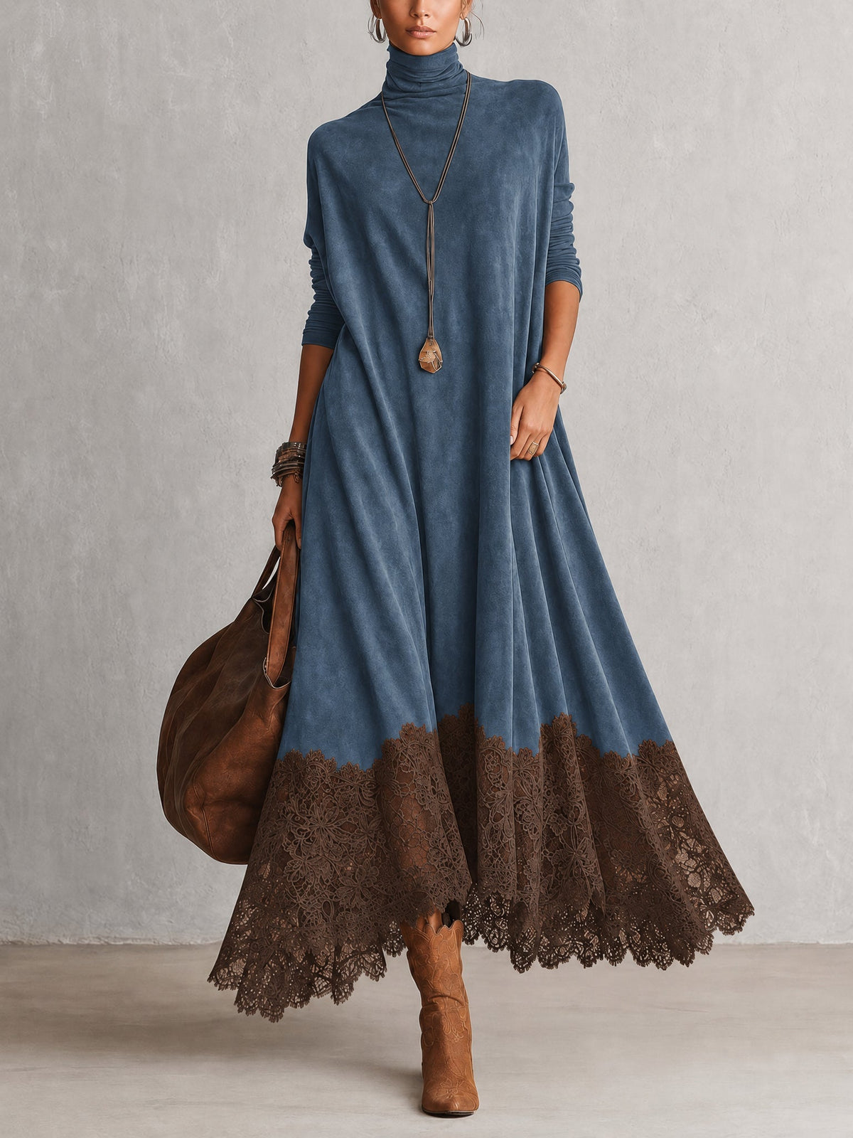 PETRA | Robe Longue Effet Suédé avec Ourlet en Dentelle