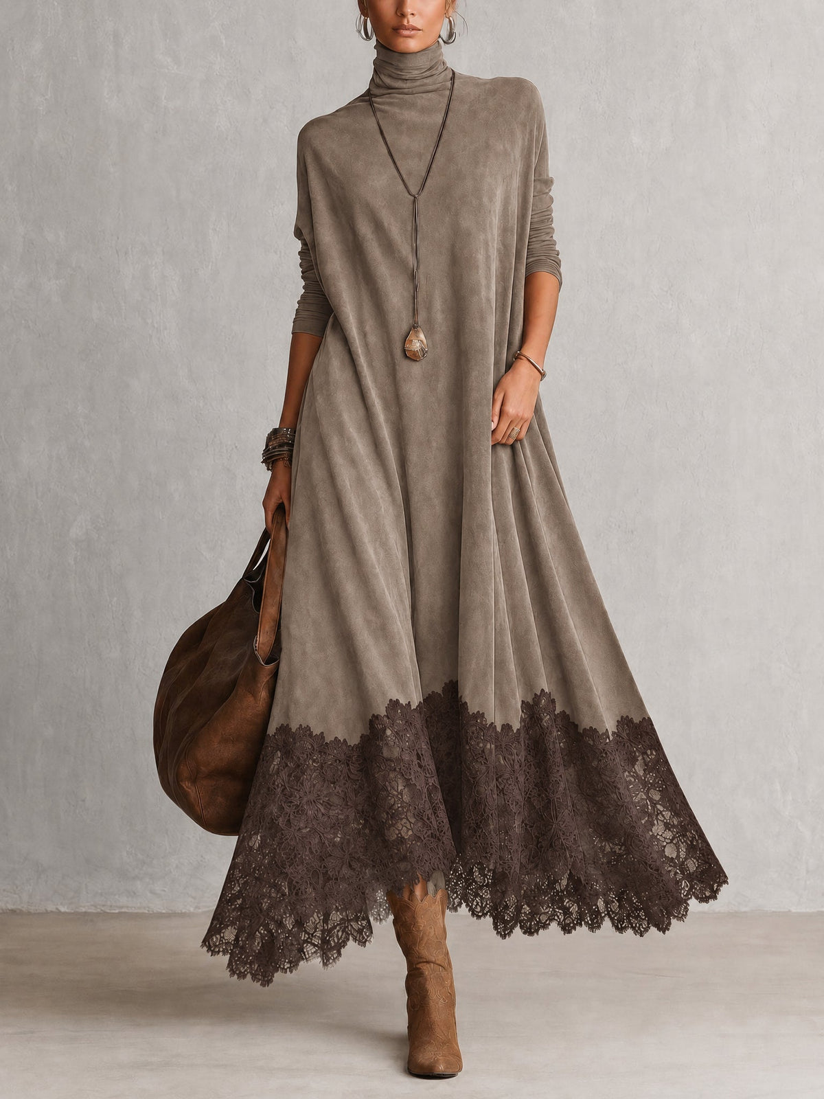 PORZIA | Robe Longue Effet Suédé avec Ourlet en Dentelle