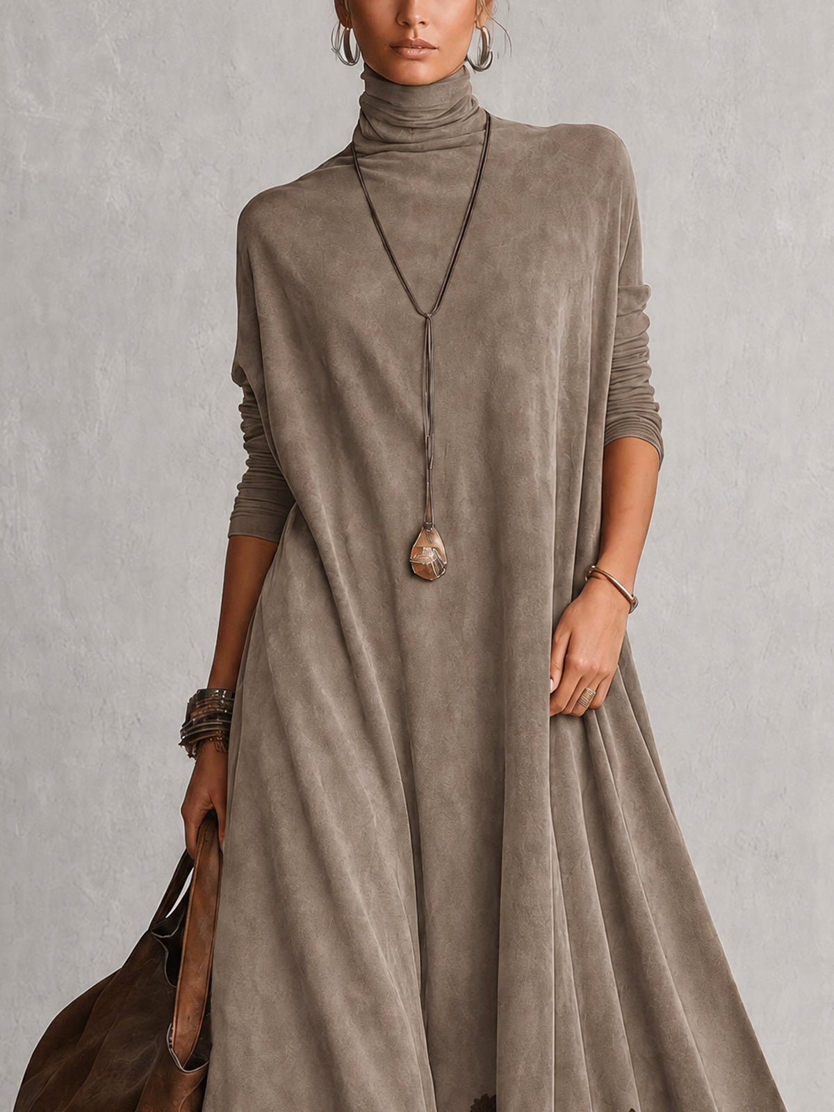 PORZIA | Robe Longue Effet Suédé avec Ourlet en Dentelle