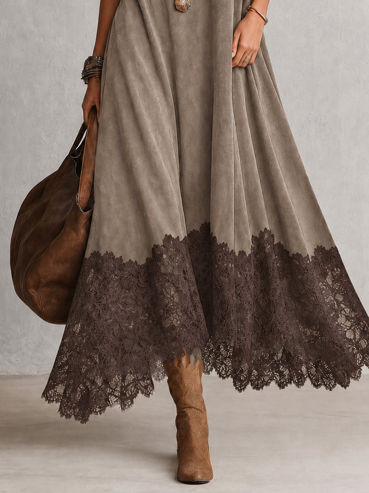 PORZIA | Robe Longue Effet Suédé avec Ourlet en Dentelle