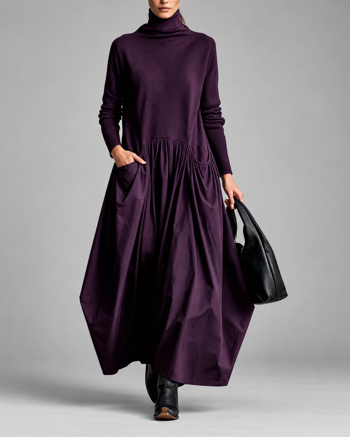VALMORIE | Robe Maxi Noire Oversize à Col Montant