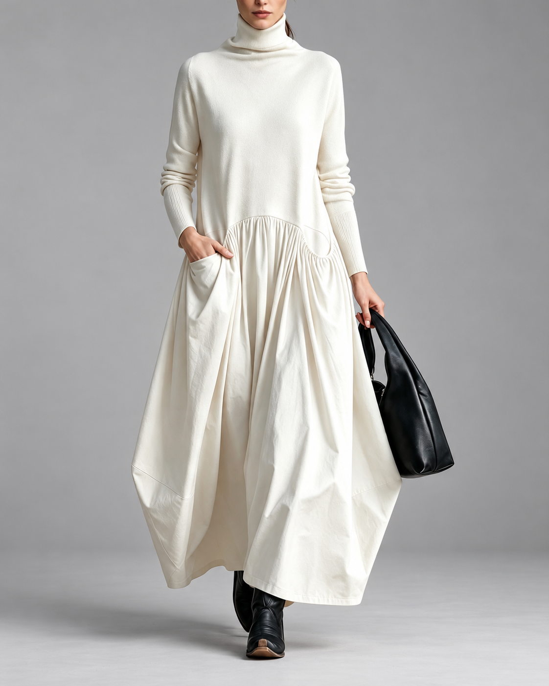 VALMORIE | Robe Maxi Noire Oversize à Col Montant
