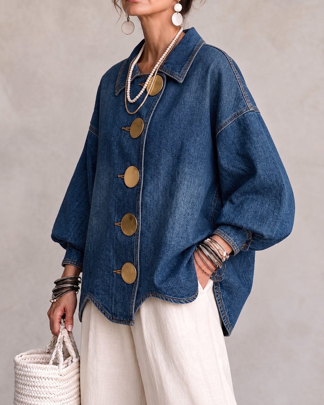 VALMORIE | Veste en Jean Oversize avec Maxi Boutons Dorés et Ourlet Ondulé, Bleu