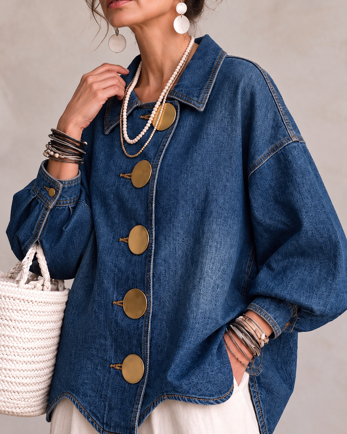 VALMORIE | Veste en Jean Oversize avec Maxi Boutons Dorés et Ourlet Ondulé, Bleu