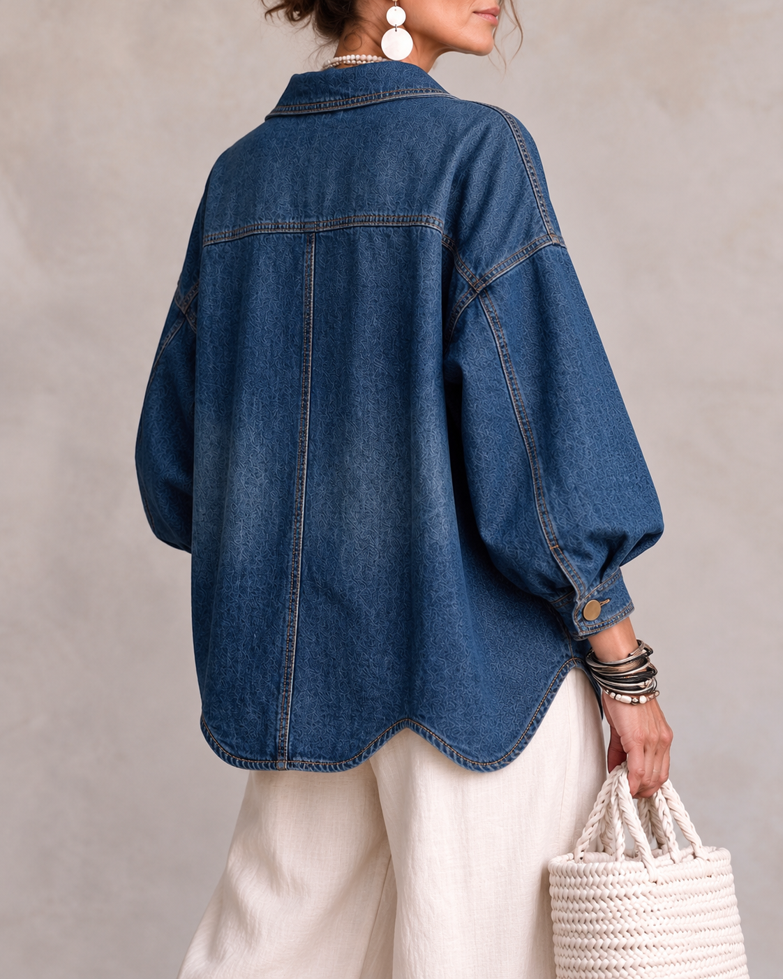 VALMORIE | Veste en Jean Oversize avec Maxi Boutons Dorés et Ourlet Ondulé, Bleu
