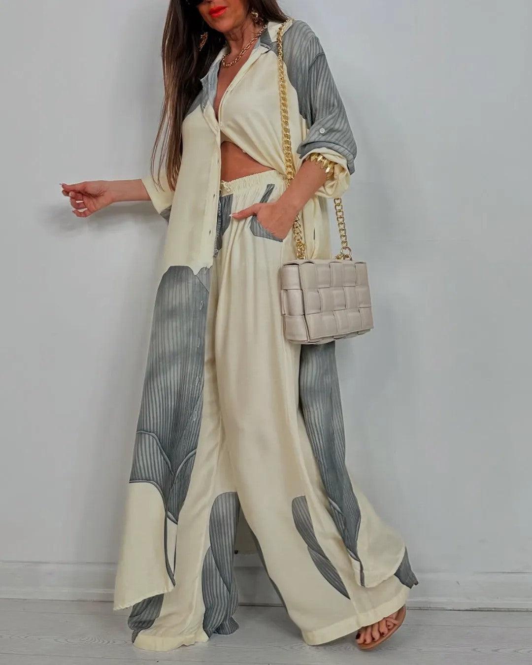 Ensemble décontracté pour femme avec haut patchwork à col en V et pantalon