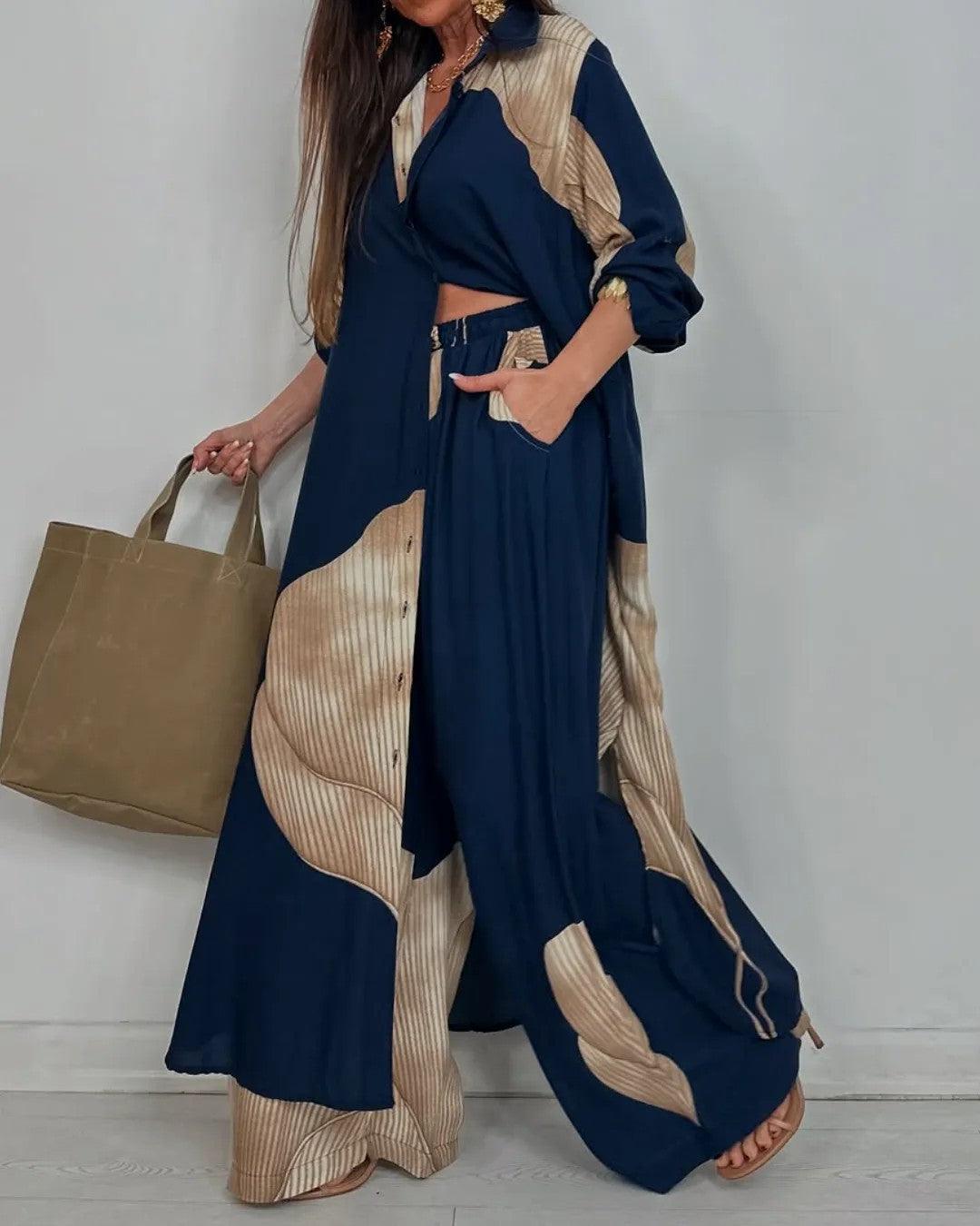 Ensemble décontracté pour femme avec haut patchwork à col en V et pantalon