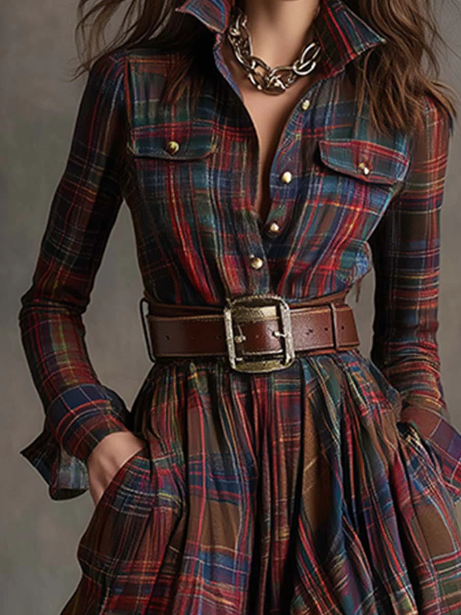 Béatrice | Robe à Carreaux Longue avec Ceinture