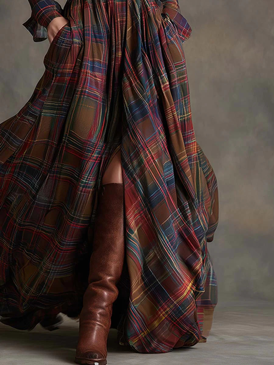 Béatrice | Robe à Carreaux Longue avec Ceinture