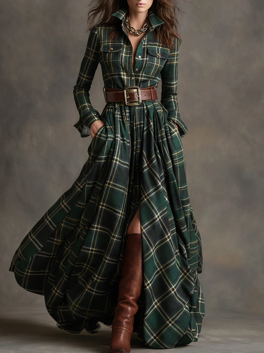 Béatrice | Robe à Carreaux Longue avec Ceinture