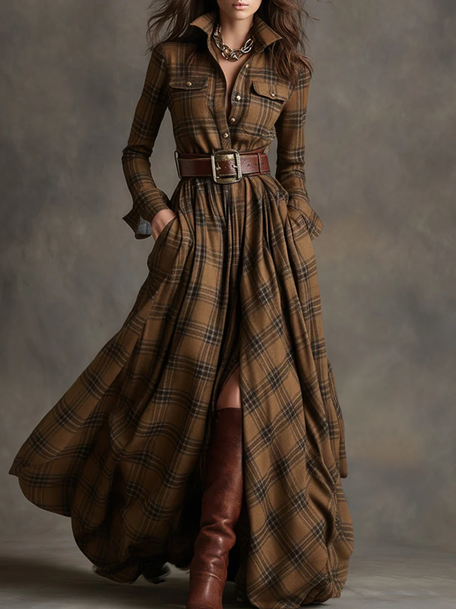 Béatrice | Robe à Carreaux Longue avec Ceinture