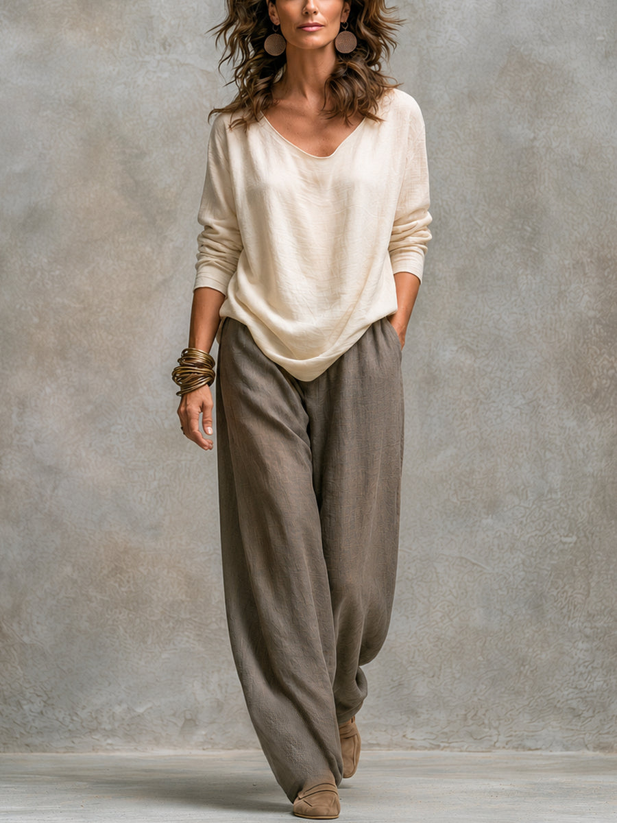 Constance | Ensemble Trois Pièces Beige et Gris, Décontracté à Superpositions avec Pantalon Palazzo, Élégant