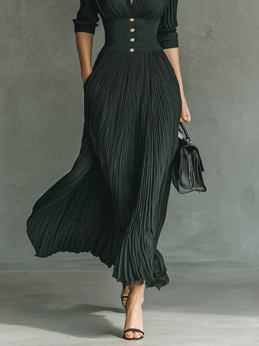 Elvire | Robe Plissée Longue avec Revers et Taille Haute