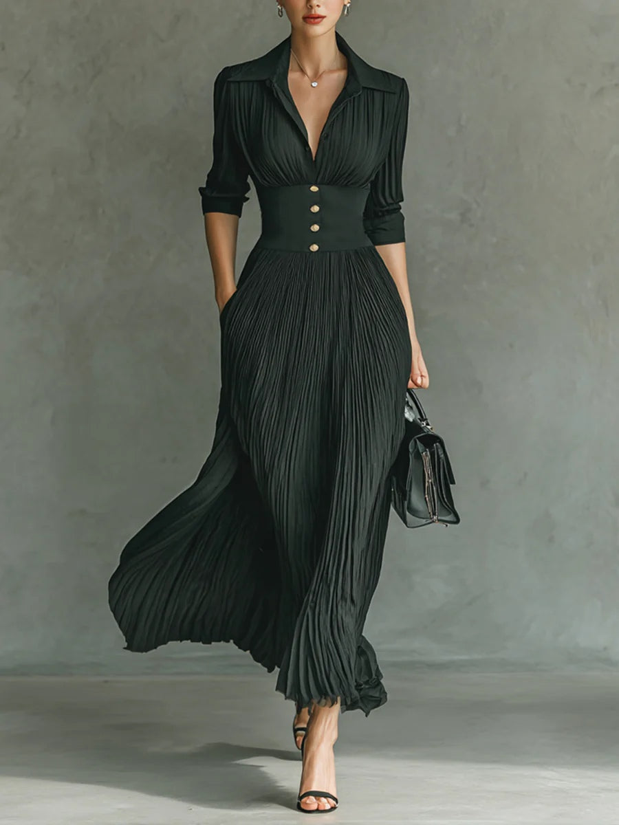 Elvire | Robe Plissée Longue avec Revers et Taille Haute