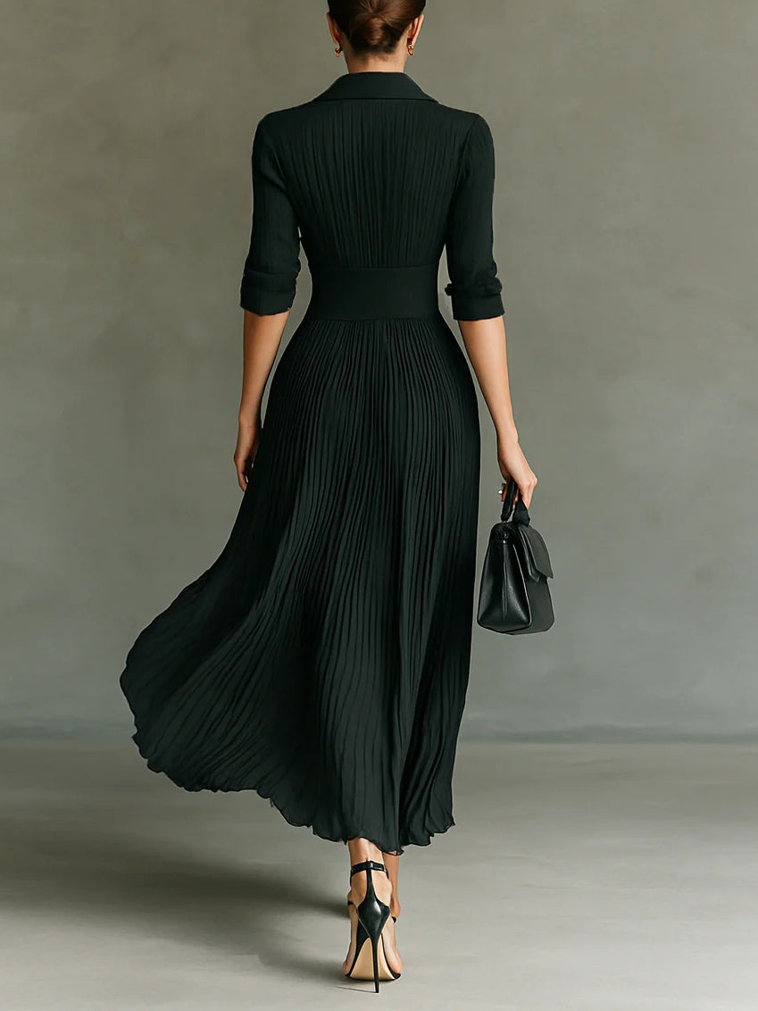 Elvire | Robe Plissée Longue avec Revers et Taille Haute