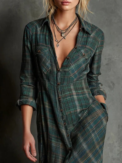 Valentine | Robe Longue Chemise à Col à Carreaux Verts