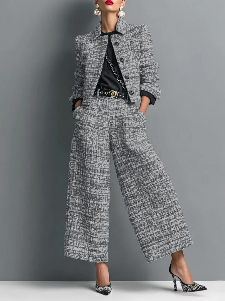 Ensemble en mélange imprimé tweed avec veste courte à boutonnage simple et pantalon à jambes larges