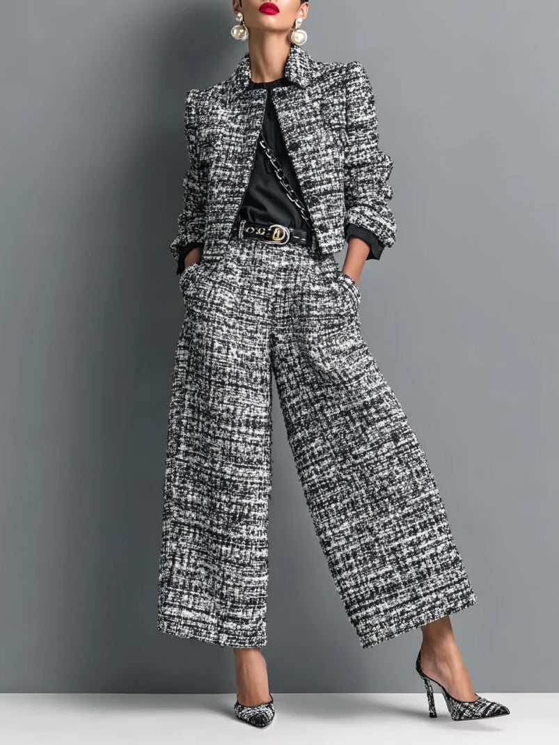 Ensemble en mélange imprimé tweed avec veste courte à boutonnage simple et pantalon à jambes larges
