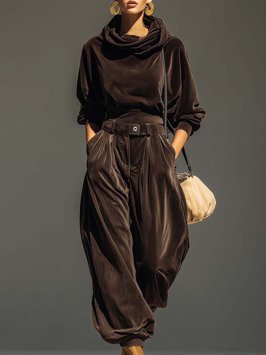 Ensemble vintage marron en velours avec sweat à capuche et pantalon ample (ceinture incluse)