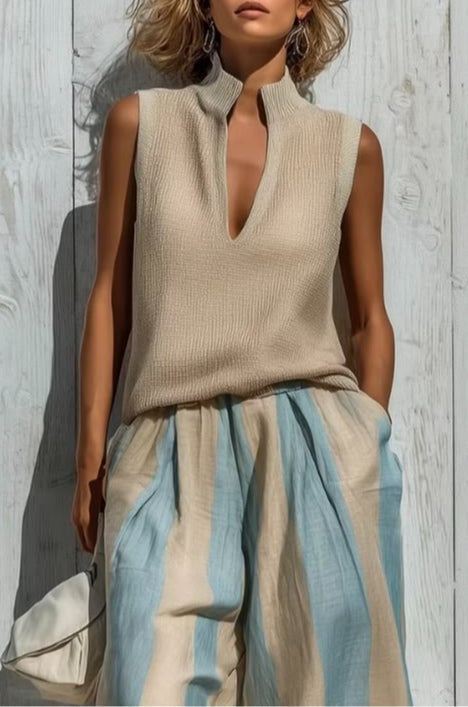 Ensemble décontracté composé d’un haut sans manches et d’un pantalon rayé ample