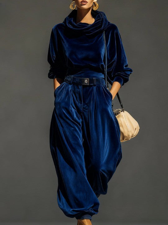 Ensemble vintage marron en velours avec sweat à capuche et pantalon ample (ceinture incluse)