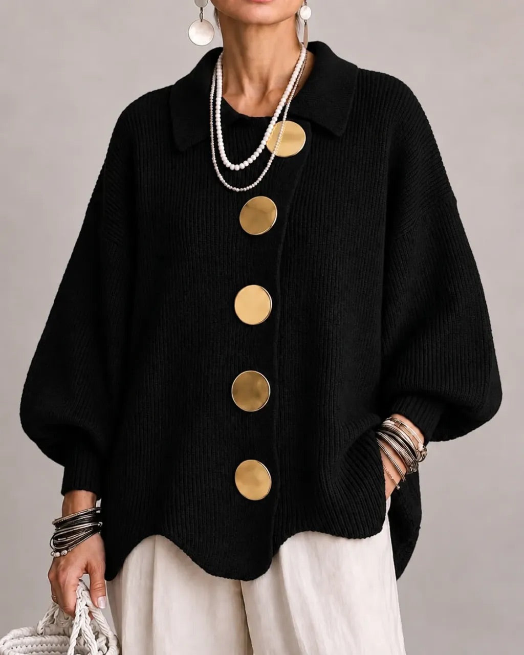 Karina | Cardigan Oversize à Col et Boutons – Noir