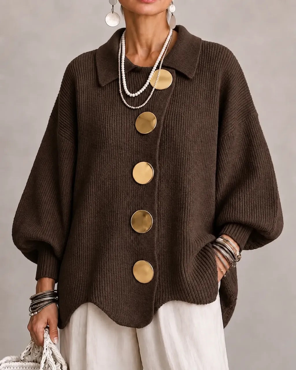 Karina | Cardigan Oversize à Col et Boutons – Marron