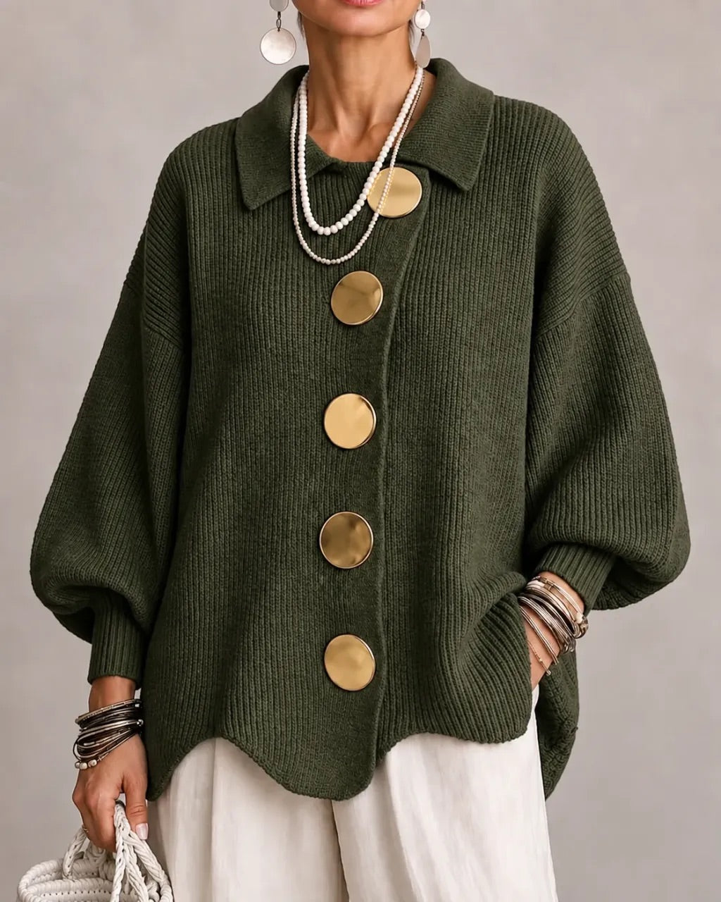Karina | Cardigan Oversize à Col et Boutons – Vert