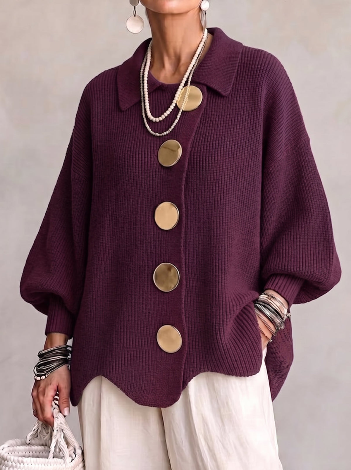 Karina | Cardigan Oversize à Col et Boutons – Prune