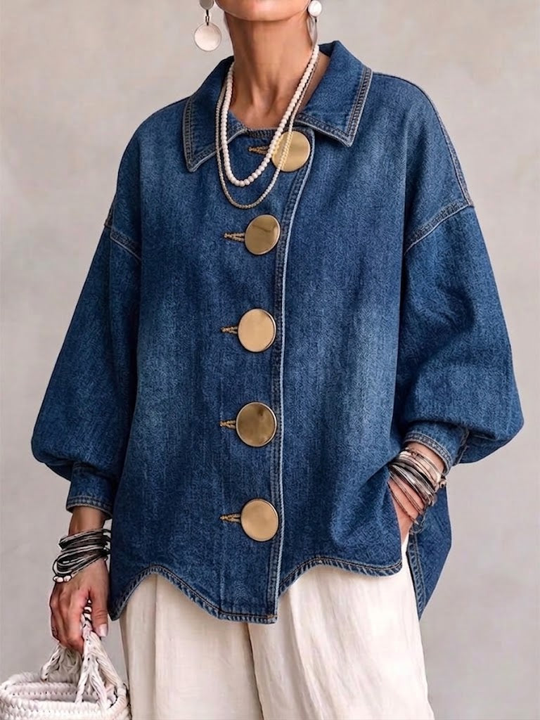VALMORIE | Veste en Jean Oversize avec Maxi Boutons Dorés et Ourlet Ondulé, Bleu