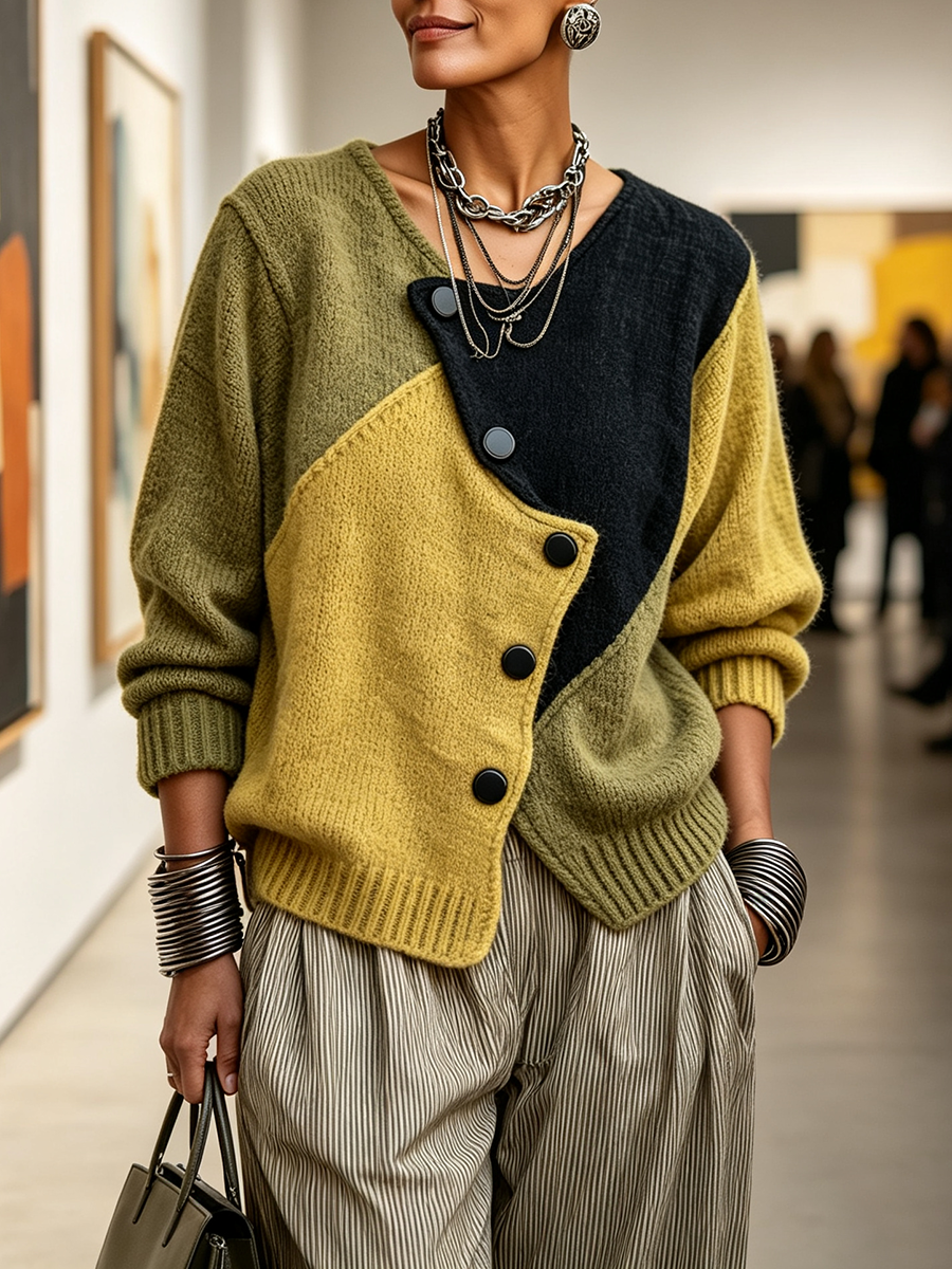 Pull en Maille Asymétrique Douillet à Blocs de Couleurs Artistiques