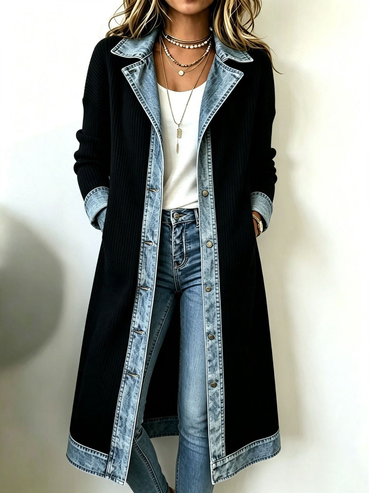 VALMORIE | Cardigan Long Maille et Denim pour Femme Chloé