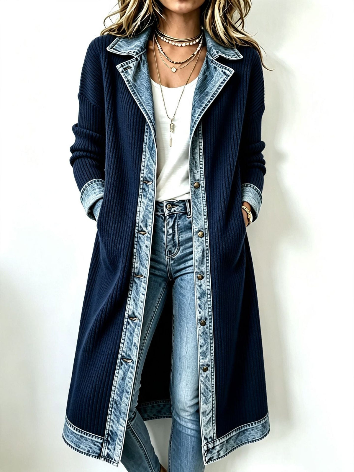 VALMORIE | Cardigan Long Maille et Denim pour Femme Chloé