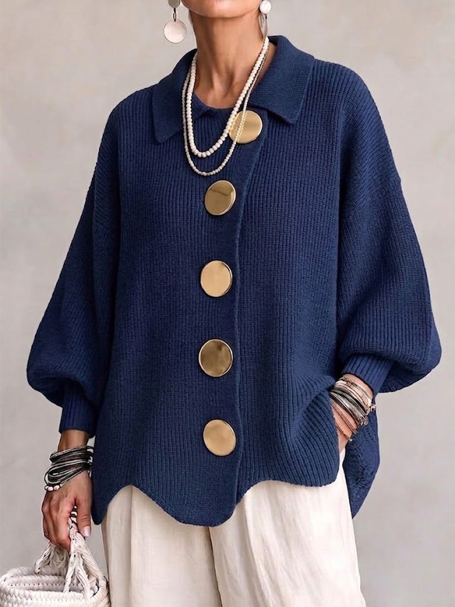 Karina | Cardigan Oversize à Col et Boutons – Bleu Marine