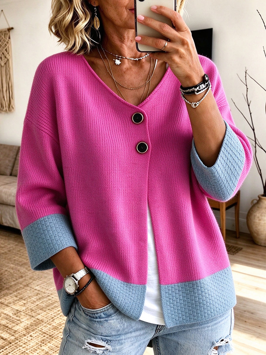 Jennifer | Cardigan en maille à blocs de couleurs - Rose rouge