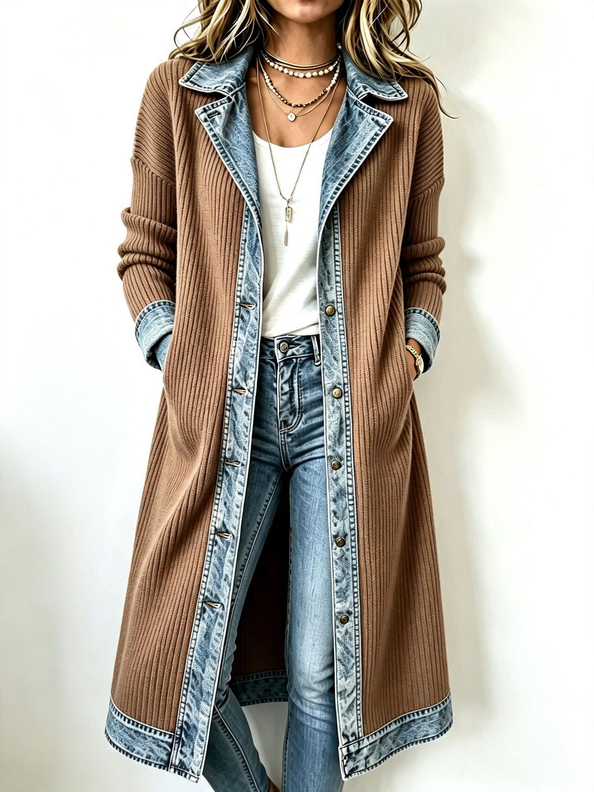 VALMORIE | Cardigan Long Maille et Denim pour Femme Chloé
