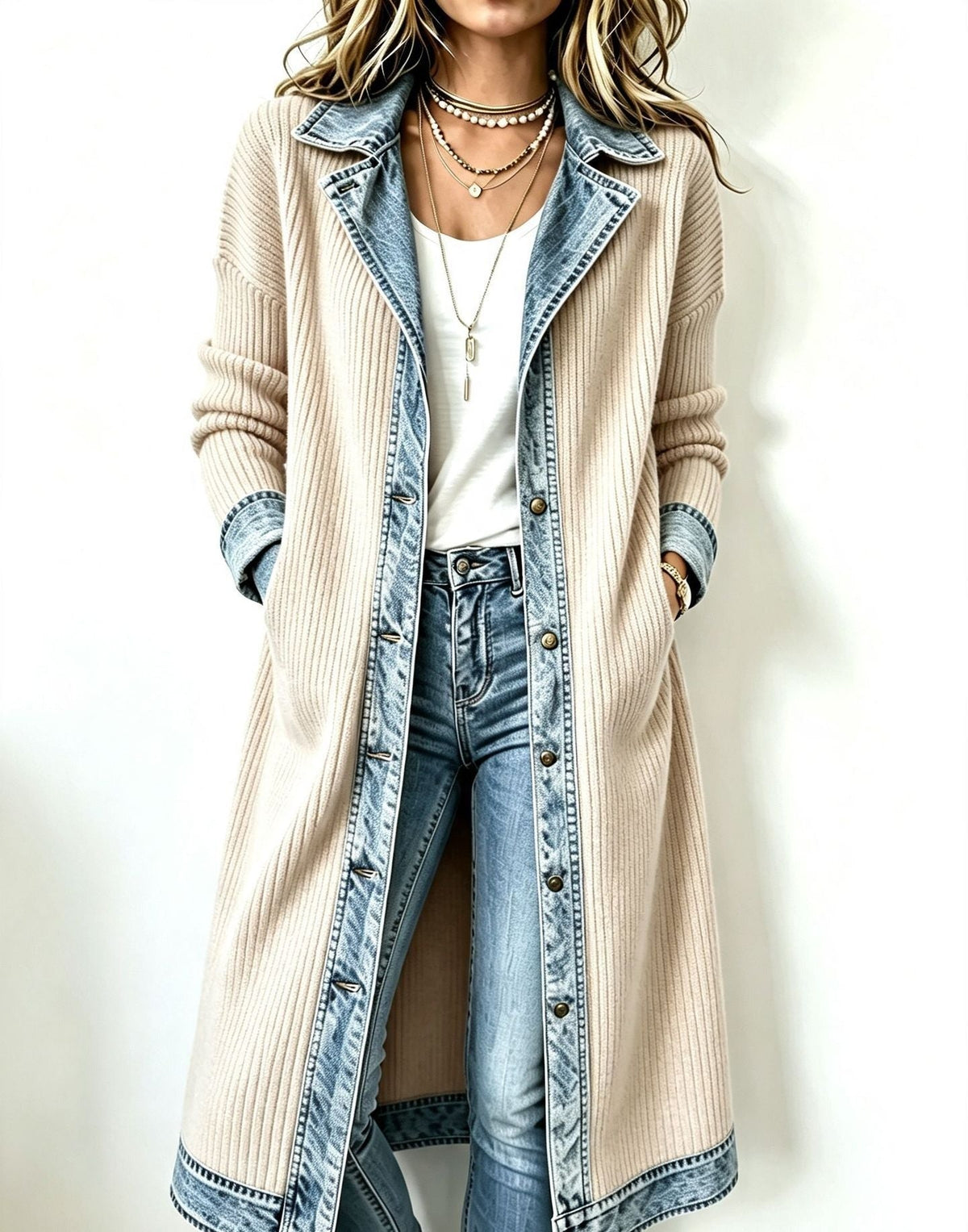 VALMORIE | Cardigan Long Maille et Denim pour Femme Chloé